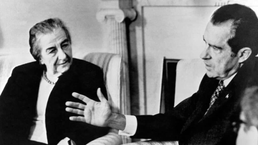 goldameirrichardnixonafp | MR Online Israeli Prime Minister Golda Meir listens to American President Richard Nixon at the White House in Washington on 1 March 1973 AFP