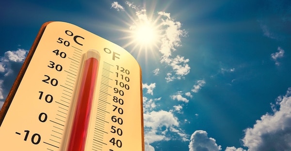  | climate change low angle view Thermometer on blue sky with sun shining in summer show increase temperature concept global warming | MR Online