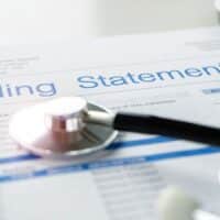 Health care billing statement with stethoscope, bottle of medicine for doctor's work in medical center stone background.
