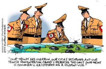 Cartoonist Henry Payne Andrews McMeel 31725 responded to the Trump administrations arrest of Mahmoud Khalil for protesting genocide by suggesting that Khalil was akin to Hitler