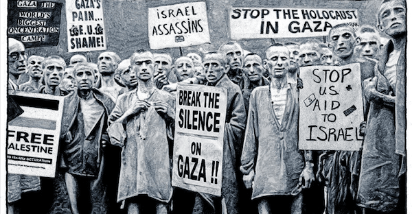 MR Online | This Mr Fish cartoon Scheer Post 123123 was called antisemitic because it imagined that victims of Nazi genocide were opposed to Israeli genocide | MR Online