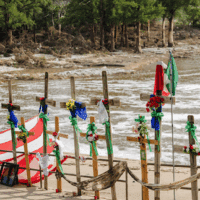 A memorial for the lives lost in the Texas flash floods in Kerr County, Texas, July 2025.