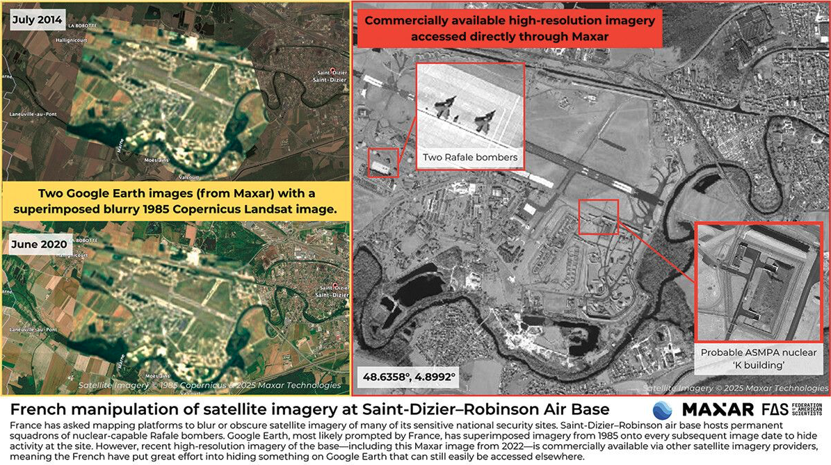 Screenshot 20250729 at 63847 PM | MR Online Figure 1 French manipulation of satellite imagery of Saint Dizier Robinson Air Base Credit Maxar Technologies Federation of American Scientists Click to display full size