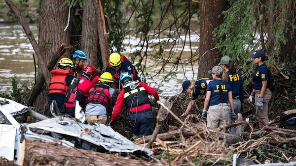 MR Online | A crew of firefighters from Ciudad Acuna Mexico left aid in search and rescue efforts near the Guadalupe River after a flash flood swept through the area Monday July 7 2025 in Ingram Texas AP PhotoEli Hartman | MR Online