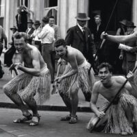 The mock haka performed by Auckland University engineering students in 1955. Photo courtesy the Auckland War Memorial Museum Tamaki Paenga Hira.