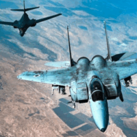 AN ISRAELI AIR FORCE F-15 STRIKE EAGLE FLIES IN FORMATION WITH A U.S. AIR FORCE B-1B LANCER OVER ISRAEL AS PART OF A DETERRENCE FLIGHT SATURDAY, OCTOBER 30, 2021. (PHOTO: U.S. AIR FORCE/SENIOR AIRMAN JERREHT HARRIS)