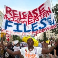 Protesters in Washington, DC, a day before US President Donald Trump ordered his attorney general Pam Bondi to release transcripts of Jeffrey Epstein’s grand jury testimony. Sue Dorfman ZUMA Press Wire