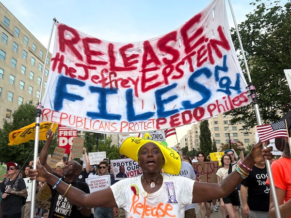  | Protesters in Washington DC a day before US President Donald Trump ordered his attorney general Pam Bondi to release transcripts of Jeffrey Epsteins grand jury testimony Sue Dorfman ZUMA Press Wire | MR Online