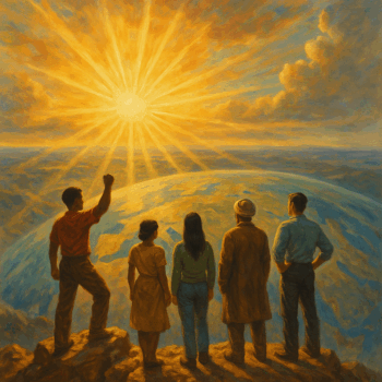 MR Online   Part 4 | A likely AI generated pastel like image of a multiethnic group of people greeting the dawn overlooking planet Earth from an imagined promontory | MR Online