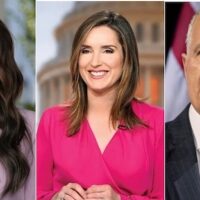 from left: Homeland Security Secretary Kristi Noem, Face the Nation host Margaret Brennan, CBS News “ombud” Kenneth Weinstein.
