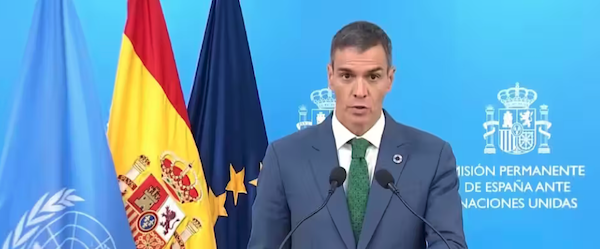 Spanish Prime Minister Pedro Sánchez announced that his country will send a warship to protect the Global Sumud Flotilla in New York City on September 24, 2025. (Photo: screenshot/Pedro Sánchez/X)