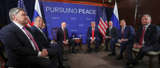 August 16, 2025, at Anchorage, Alaska: Yury Ushakov, Sergei Lavrov, Putin, Trump, Mario Rubio, Steven Witkoff.