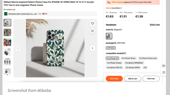 Figure 10: A "Phone Case" on Alibaba that is described as a "William Morris Inspired Pattern Phone Case for IPHONE 16 15PRO MAX 14 13 12 11 Acrylic TPU Two in one magnetic Phone Cases".