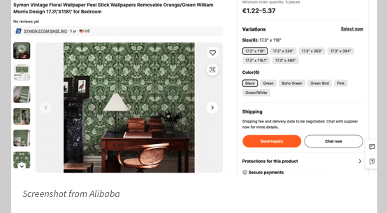 Figure 9: "Wallpaper" on Alibaba that is described as "Symon Vintage Floral Wallpaper Peel Stick Wallpapers Removable Orange/Green William Morris Design 17.3\"X118\" for Bedroom".
