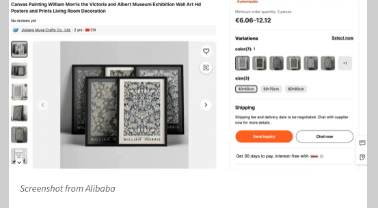 Figure 8: A "Canvas Painting" that is linked to "William Morris the Victoria and Albert Museum Exhbition" and described as "Wall Art Hd Posters and Prints Living Room Decoration".