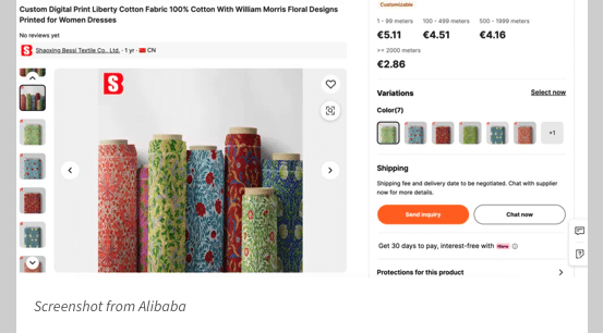 Figure 7: "Cotton Fabric" on Alibaba that is described as being: "Custom Digital Print Liberty Cotton Fabric 100% Cotton With Morris Floral Designs Printed for Women Dresses".