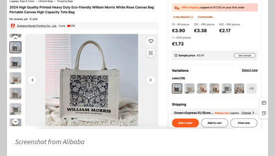 Figure 6: A "Tote Bag" on Alibaba that is described as being: "2024 High Quality Printed Heavy Duty Eco-friendly William Morris White Rose Canvas Bag Portable Canvas High Capacity".