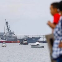 The USS Sampson docked in Panama City on September 2 amid Washington's growing military build-up in Caribbean waters. (Getty Images)