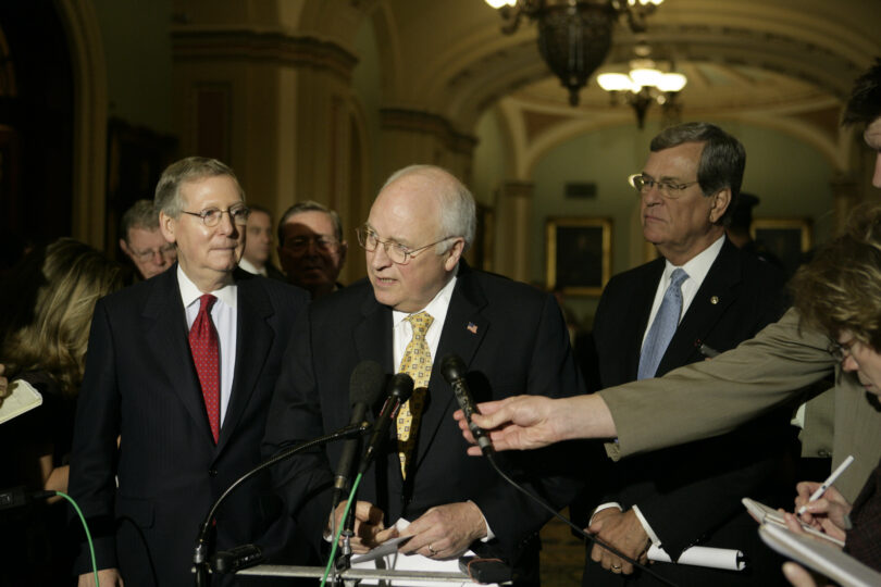 Vice President Dick Cheney Addresses the Press with Senate Minority Leader Mitch McConnell and Senator Trent Lott at the U.S. Capitol Building, April 24, 2007.