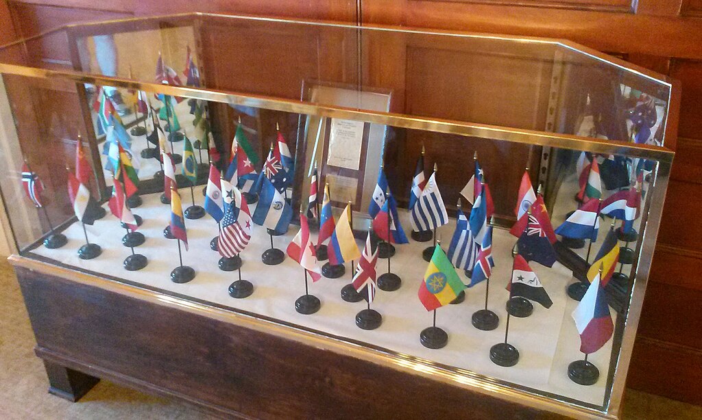 A display case showing the flags of countries represented at the 1944 Bretton Woods Conference. Photo: Barry Livingstone