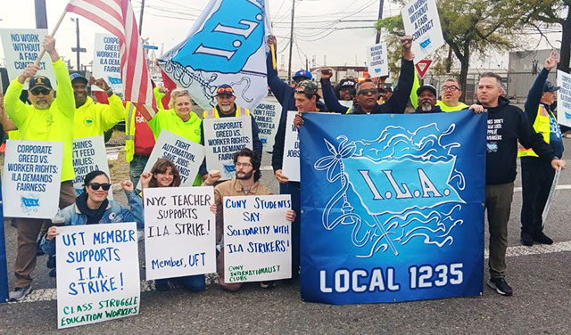 Members of the League for the Fourth International join in solidarity at an ILA picket line in Port Newark, New Jersey, during the union's three-day strike in October 2024.