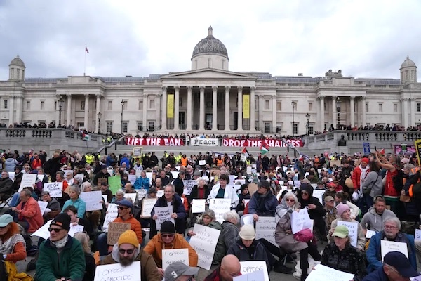 Protesters taking part in a demonstration organised by Defend our Juries, in support of Palestine Action in Trafalgar Square, London, October 4, 2025