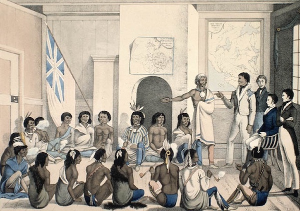 Red Lake Chief makes a speech to the governor of Red River at Fort Douglas in 1825. Fort Douglas was the first fort associated with the Hudson’s Bay Company near the confluence of the Red and Assiniboine rivers in today’s city of Winnipeg. Painting by Peter Rindisbacher. Image courtesy Library and Archives Canada.