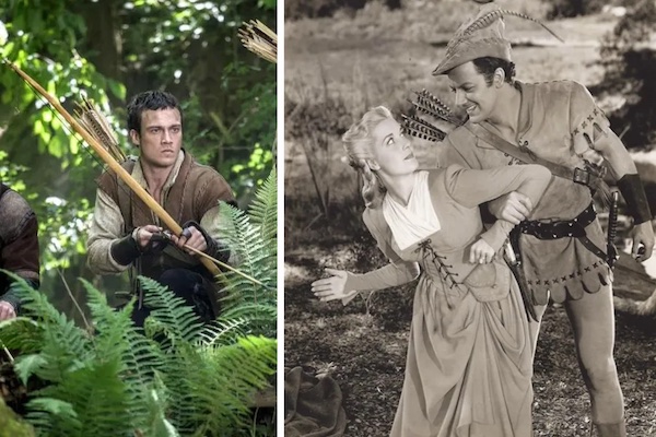 WEALTH REDISTRIBUTION REQD:(L) Jack Patten as Amazon’s Robin, a Saxon Lord, 2025; (R) Jill Esmond an Richard Greene in The Adventures of Robin Hood (1955) [Pics: IMDb]