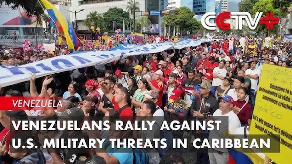 In Caracas, thousands marched on Oct. 6 to denounce U.S. aggression in the Caribbean and affirm Venezuela’s right to sovereignty, peace, and self-determination. Screenshot from YouTube / CCTV Video News Agency