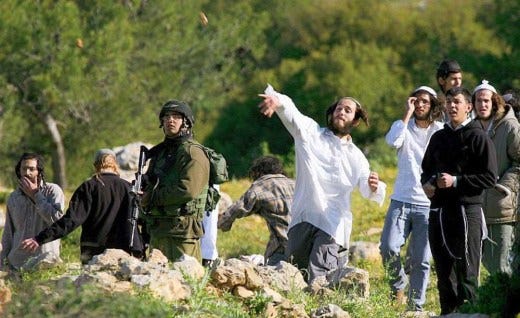 Religious zealot land thieves, under the protection of IDF uniformed thugs (i.e., de facto Brownshirts) perpetrating the Zionist form of Lebensraum