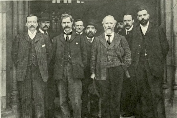 Leaders of the Labour Representation Committee in 1906. From left to right: Arthur Henderson, G N Barnes, Ramsay Macdonald, Philip Snowden, Will Crooks, Keir Hardie, John Hodge, James O'Grady and David Shackleton