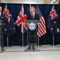Secretary of War Pete Hegseth meets with Australia’s Defense Minister Richard Marles and Britain’s Defence Secretary John Healey at the Pentagon on Dec. 10 as the three governments plot war preparations through the AUKUS military pact. Photo: U.S. War Department