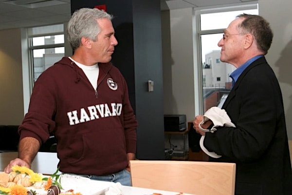 PHOTO RELEASED BY HOUSE DEMOCRATS ON THE CONGRESSIONAL OVERSIGHT COMMITTEE ON DECEMBER 12, 2025, SHOWING JEFFREY EPSTEIN AND ALAN DERSHOWITZ. (PHOTO VIA HOUSE OVERSIGHT DEMOCRATS)