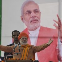 BJP candidate for prime minister Narendra Modi addresses the crowd during the ‘Lalkar rally’ in Jammu, India. Image by Amarjeet Singh. Copyright Demotix (1/12/2013)