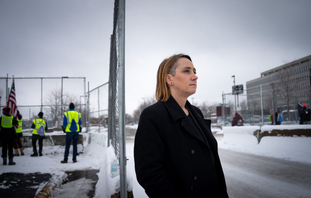 Attorney M Boulette stands outside the Bishop Henry Whipple Federal Building where many people detained by ICE are held on Feb. 19, 2026. (Photo by Glen Stubbe/Minnesota Reformer)