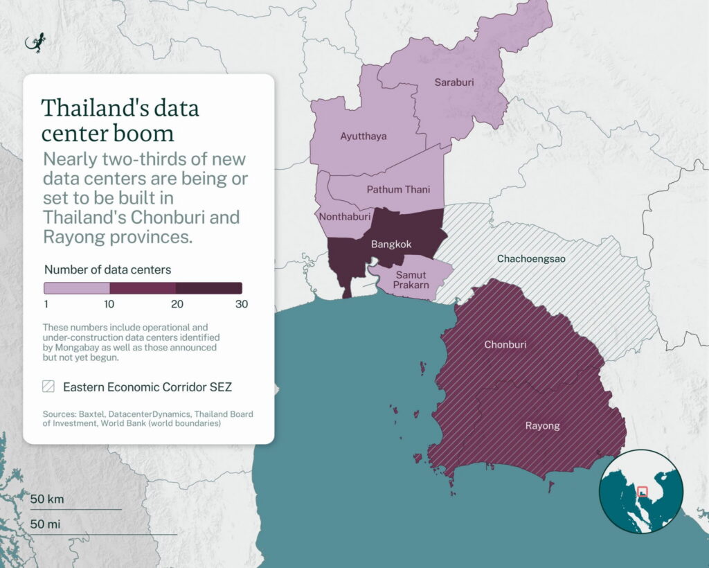 This map shows the spread of data centers identified across Thailand by Mongabay. It includes those that are operational, under construction and data center projects that have been announced but not yet broken ground. Image by Emilie Languedoc/Mongabay.