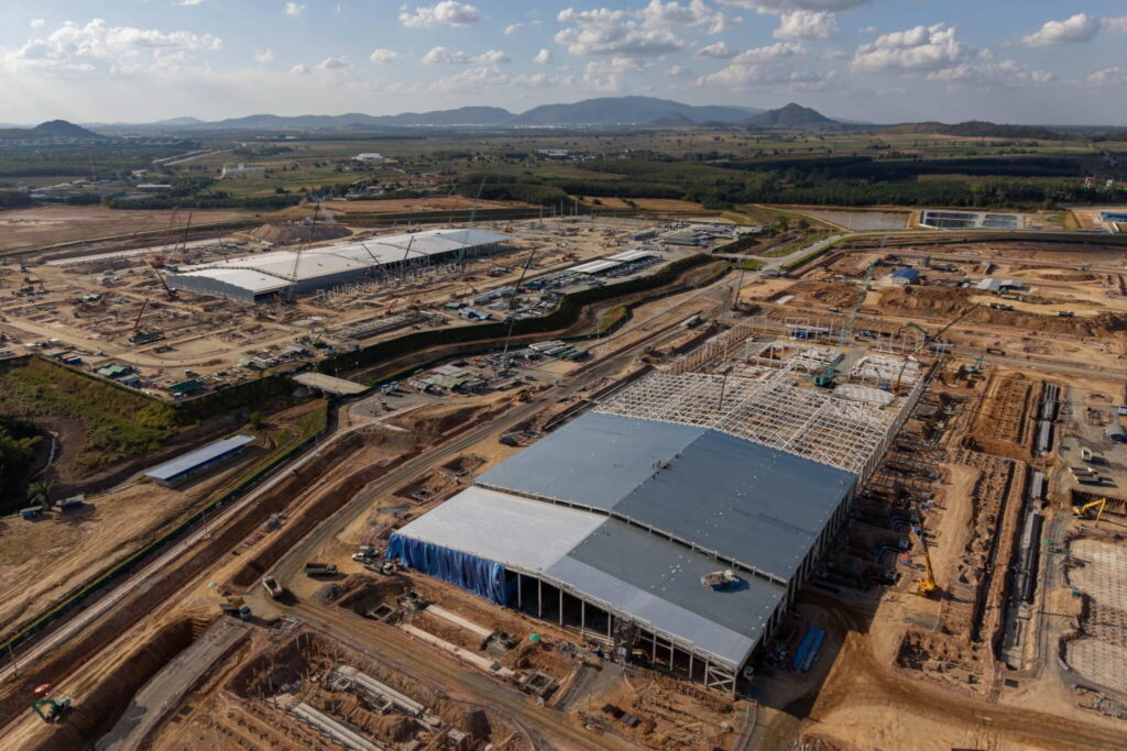 A data center under construction in Chonburi province, Thailand, that local residents say is being built to host Google and TikTok servers, is seen in December 2025. Photo by Andy Ball for Mongabay.