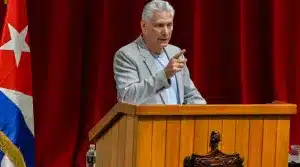 Diaz Canel speaking to the delegates at the Palace of the Conventions