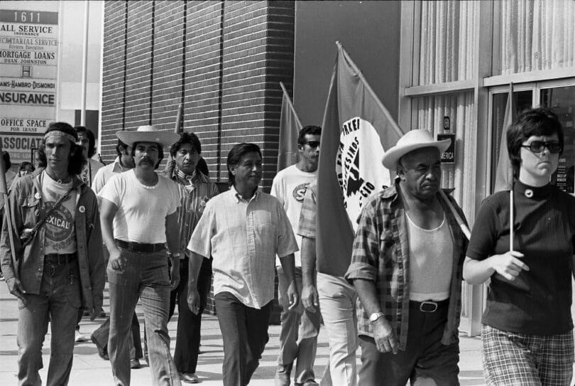 Cesar Chavez (center) marches with United Farm Workers members in Redondo Beach, California, July 9, 1975.