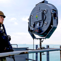 A U.S. sailor standing small-craft action team watch on a catwalk aboard the USS Gerald R. Ford in the Suez Canal during U.S.-Israeli attacks on Iran on March 5. (DoW/Public Domain)