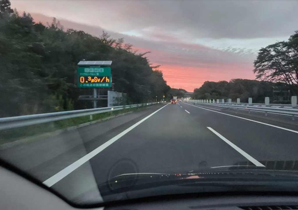 Radiation detectors along the highway over the Abukuma Mountains in Fukushima Prefecture measure airborne gamma radiation in microsieverts per hour. Thomas A. Bass