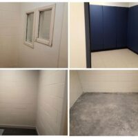 Clockwise from top left: Registered seclusion room with cinder block walls and metal window frames with chipped paint in Isanti Intermediate School; Registered seclusion room with padded walls and hard floor in Bemidji Middle School; Registered seclusion room with unfinished mottled concrete floor of seclusion room in Hoover Elementary School, Rochester; Registered seclusion room with cinder block walls with partially concrete and partially carpeted floor in Cedar School in Eagan. (Photos via Minnesota Disability Law Center)