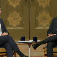 RABBI ELIOT COSGROVE, LEFT, INTERVIEWS MIRYAM INSTITUTE CEO BENJAMIN ANTHONY AT THE PARK AVENUE SYNAGOGUE ON MARCH 20, 2026. (IMAGE: SCREENSHOT)
