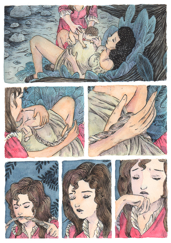 Maelitha (Argentina), excerpt from the comic Mi cuerpo, un bosque (My Body, a Forest), 2019, Barro Editora.In this work, the author explores themes such as choosing to become pregnant, deciding to give birth, mothering, and the collective socialisation of care work.