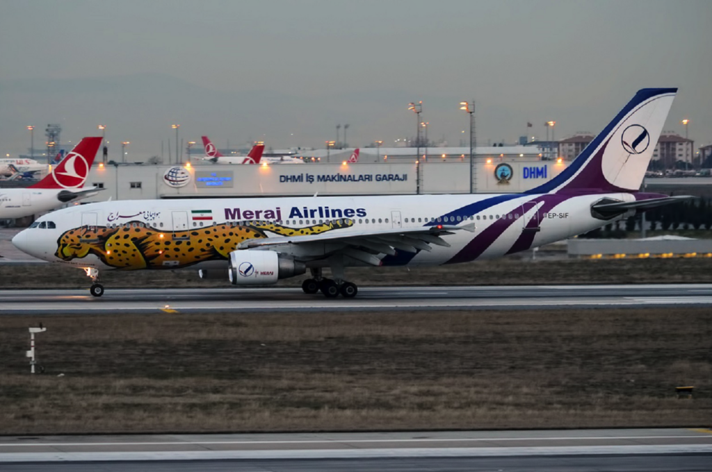 The Asiatic cheetah adorns a Meraj Airlines Airbus at Istanbul’s Ataturk airport, photographed in 2019. Image by Anna Zvereva via Wikimedia Commons (CC BY-SA 2.0).