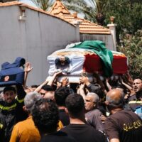 The funeral of paramedic Hussein Jaber of the Civil Defense team in Nabatieh after he was killed in an Israeli strike alongside his colleague Ahmad Noura on May 12. Saida, Lebanon. May 13, 2026. Photo by Katrine Dige Houmøller.