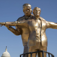 "The King Of The World," a statue of Donald Trump and Jeffrey Epstein installed on the National Mall in Washington, D.C. on March 10, 2026 by the anonymous art collective, The Secret Handshake.