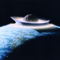 An artist's impression of a giant asteroid colliding with Earth. A similar event—although a much smaller one—occurred 66 million years ago, causing the extinction of dinosaurs. Nuclear war has the potential to lead to human extinction.(Image: Don Davis / NASA, via Wikimedia Commons)