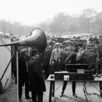 Broadcasting the news, during the General Strike of 1926, at a Government centre for the maintenance of essential services, May 1926