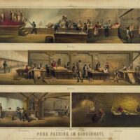 This print shows the four stages of pork packing in nineteenth-century Cincinnati. This centralization of production made meat-packing an innovative industry, one of great interest to industrialists of all ilks. In fact, this chromo-lithograph was exhibited by the Cincinnati Pork Packers' Association at the International Exposition in Vienna, Austria. “Pork Packing in Cincinnati,” 1873. Wikimedia.